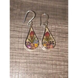 ATI 925 Mexico Sterling Silver Pressed Flowers Teardrop Earrings Native Vtg
